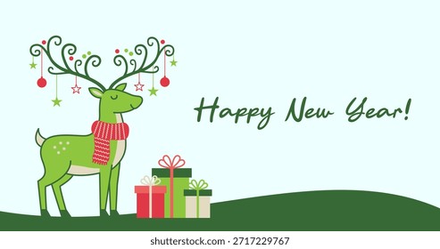 A festive vector greeting card for Happy New Year 2025 featuring a whimsical green reindeer with decorated antlers, a stack of colorful gift boxes, and a snowy winter background in a flat design style.