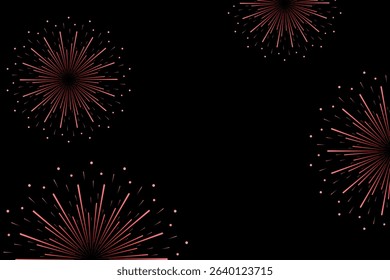 Festive vector horizontal background with red fireworks on black background.