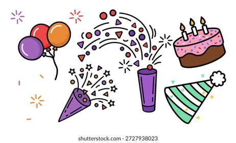 Una colección de Vector festivo dedicada a fiestas de cumpleaños y celebraciones. El conjunto incluye un montón de globos de colores, un estallido de confeti, un pastel de cumpleaños con velas encendidas y un sombrero de fiesta a rayas. Estas alegres ilustraciones son ideales para invitaciones de fiesta, Sitios web de planificación de eventos, tarjetas de aniversario y materiales de marketing con temas de celebración.
