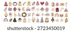 Festive vector icon set with winter holiday gifts, Christmas trees, snowmen, and decorations in flat modern style for seasonal greeting cards and design projects.