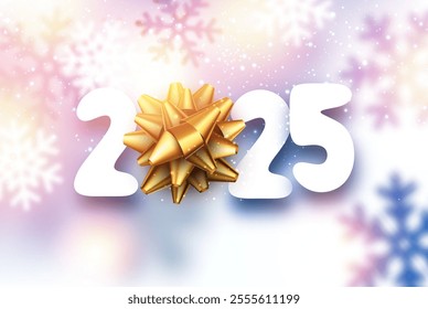 Festive vector illustration of 2025 adorned with a golden bow, sparkling snowflakes, and a soft pastel background