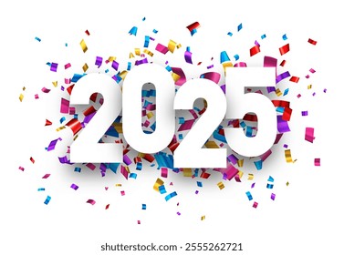 Festive vector illustration of 2025 with dynamic multicolored confetti on a clean white background, perfect for celebrations.