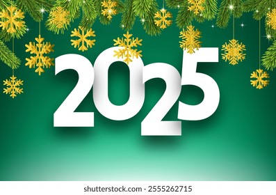 Festive vector illustration of 2025 featuring golden hanging snowflakes and lush green pine branches on a vibrant green background