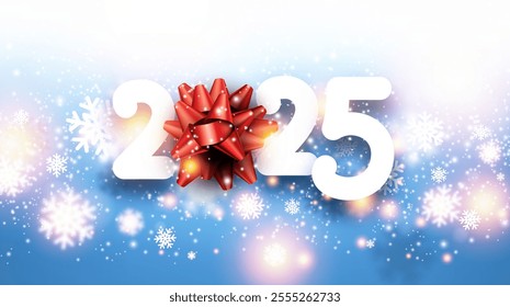 Festive vector illustration of 2025 featuring a bold red bow, sparkling snowflakes, and a serene blue background.