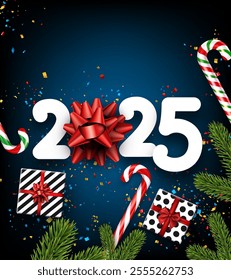 Festive vector illustration of 2025 featuring red bows, candy canes, confetti, and holiday gifts on a dark blue background.