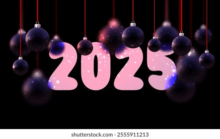 Festive vector illustration of 2025 featuring glowing ornaments, sparkling effects, and a bold black background.