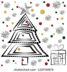 Festive vector illustration with black and white Christmas tree, gift, bauble, star, falling down snowflakes and colourful confetti on white background