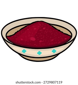 Festive vector illustration of a bowl filled with vibrant red sumac spice, decorated with teal floral motifs