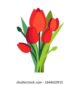 Festive vector illustration with branches of tulip flowers and green leaves. Bouquet of red tulips isolated on white. Floral composition for bright spring design. Greeting card template. Womens Day