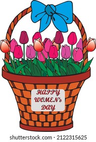 Festive vector illustration with branches of tulip flowers and green leaves. Bouquet of red tulips isolated on white. Floral spring design. Greeting card template. Womens Day 