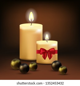 
Festive vector illustration of burning candles and golden balls with shadow on abstract background. Design Element