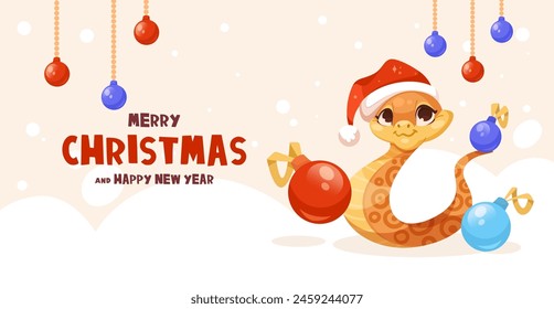 A festive vector illustration with a cartoon snake wearing a Santa hat, surrounded by Christmas baubles on a light background, conveying holiday cheer. Vector illustration