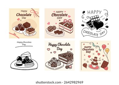 Ilustração de vetor festivo comemorando o Dia do Chocolate, com várias guloseimas de chocolate, bolos, trufas e uma fonte de chocolate em estilos coloridos e artísticos. Inclui ícones, silhuetas e 