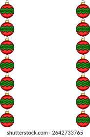 Ilustración vectorial festiva de una Plantilla de tarjeta de Navidad con un borde de Vertical de bolas de Navidad rojas y verdes con un patrón en zig-zag.