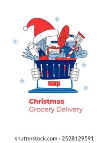 Festive vector illustration Christmas grocery delivery via laptop. Hands hold a basket of holiday essentials against a snowy cityscape, emphasizing contactless shopping and seasonal convenience.