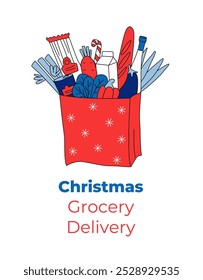 Festive vector illustration Christmas grocery delivery. Shopper basket of holiday essentials, online shopping and seasonal convenience.