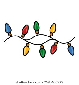 Festive vector illustration of a Christmas light string with alternating red, green, yellow, and blue bulbs, hand-drawn style, perfect for holiday designs.