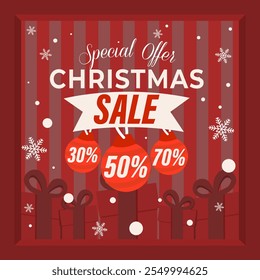 A festive Vector illustration for a Christmas sale, featuring red ornaments with discount labels, gift boxes, snowflakes, and snow on a striped background