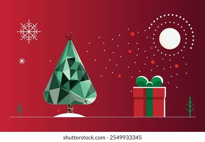 A festive vector illustration of a Christmas tree under moonlight, surrounded by gift boxes, smaller trees, and snowflakes. Designed in a vibrant red, green, and white color palette.