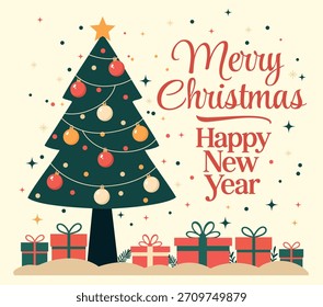 Uma ilustração vetorial festiva de uma árvore de Natal com ornamentos, uma estrela cercada por presentes, em um fundo claro, texto Feliz Natal e Feliz Ano Novo. Perfeito para cartões de férias, design de inverno