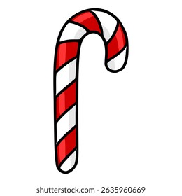 Festive vector illustration of a classic candy cane with bold red and white stripes, a playful design perfect for Christmas cards or winter-themed projects.