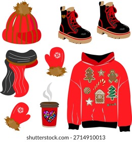 A festive vector illustration combining a cozy hoodie (available in red and green variations) decorated with various gingerbread cookies, and a steaming hot beverage cup featuring a lid and a vibrant mosaic heart design.