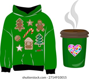 A festive vector illustration combining a cozy hoodie (available in red and green variations) decorated with various gingerbread cookies, and a steaming hot beverage cup featuring a lid and a vibrant mosaic heart design.