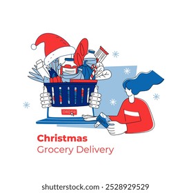 Festive vector illustration convenience of ordering Christmas groceries online with delivery. A shopper receives a box of holiday essentials, fresh produce, delivered through a digital platform.