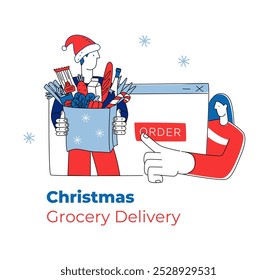 Festive vector illustration convenience of ordering Christmas groceries online with delivery. A shopper receives a box of holiday essentials, fresh produce, delivered through a digital platform.
