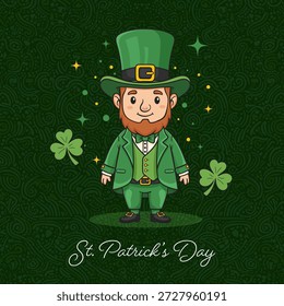 A festive vector illustration of a cute cartoon leprechaun on an intricate patterned green background with shamrocks and sparkles, perfect for St. Patrick's Day holiday greetings and designs