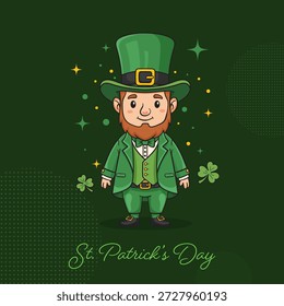 Una Ilustración vectorial festiva de un lindo duende de dibujos animados con un traje verde tradicional y sombrero de copa, rodeado de tréboles y destellos para las celebraciones del Día de San Patricio