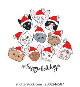 Festive vector illustration with cute cats of different breeds in New Year's hats and hand holiday wish, written calligraphic words on white background. Pre-made  Christmas  design. Vector layout .