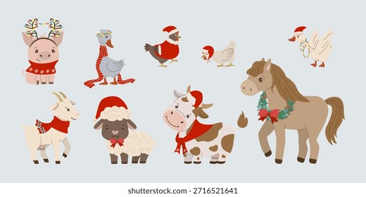Ilustración vectorial festiva de lindos animales de granja vestidos con atuendos de Navidades, incluidos un cerdo, caballo, cabra, vaca y aves. Cada animal está decorado con accesorios navideños, creando una alegre escena navideña.