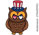 Festive vector illustration of a cute owl wearing a patriotic Uncle Sam hat and heart-shaped glasses, celebrating Fourth of July.
