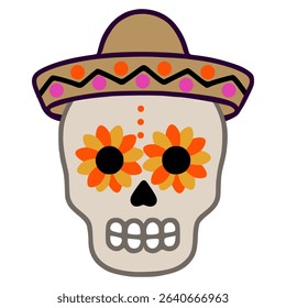 Festive vector illustration of a Day of the Dead skull wearing a sombrero, adorned with vibrant orange and yellow floral eye designs, perfect for celebratory design projects.