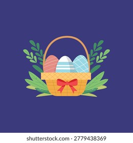 Festive vector illustration of Easter basket filled with decorated eggs and green leaves