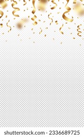 Festive vector illustration of falling shiny gold foil confetti and tinsels on a transparent background. Suitable for holiday poster, Christmas greeting card, wedding or birthday party invitation