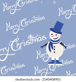 A festive vector illustration featuring a cheerful snowman in a blue hat and scarf, set against a blue background decorated with repeating "Merry Christmas" text in elegant white script and snowflake 