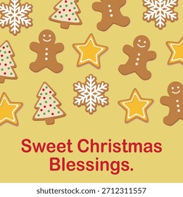A festive vector illustration featuring Christmas cookies shaped like gingerbread people, stars, snowflakes, and trees with the cheerful message “Sweet Christmas Blessings.”