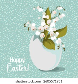 Festive vector illustration featuring an Easter egg filled with blooming flowers on a dotted background with Happy Easter text. Perfect for spring and holiday themes.