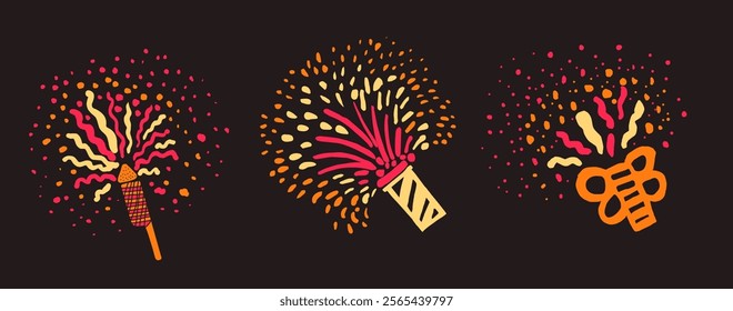 A festive vector illustration featuring fireworks, rockets, and stars in vibrant red, orange, and yellow tones, set against a dark background. Perfect for celebratory designs.