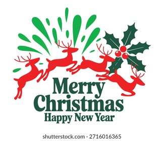 Una Ilustración vectorial festiva con cuatro renos rojos saltando en medio de salpicaduras verdes, acompañados de hojas de acebo y bayas, con el texto 'Feliz año Nuevo de las Navidades' a continuación. Ideal para vacaciones