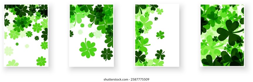 A festive vector illustration featuring layered shamrocks and four-leaf clovers in vibrant green tones, perfect for St. Patrick’s Day.