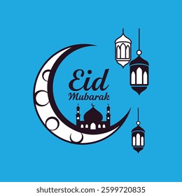 A festive vector illustration featuring Ramadan symbols like the crescent, mosque, and lanterns with the text "Eid Mubarak," perfect for greeting cards, banners, and decorations.