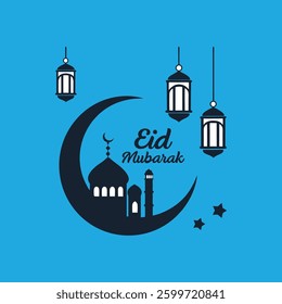 A festive vector illustration featuring Ramadan symbols like the crescent, mosque, and lanterns with the text "Eid Mubarak," perfect for greeting cards, banners, and decorations.