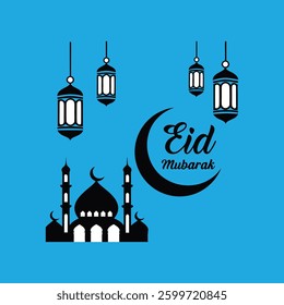 A festive vector illustration featuring Ramadan symbols like the crescent, mosque, and lanterns with the text "Eid Mubarak," perfect for greeting cards, banners, and decorations.