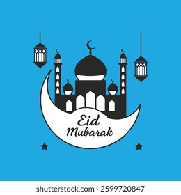 A festive vector illustration featuring Ramadan symbols like the crescent, mosque, and lanterns with the text "Eid Mubarak," perfect for greeting cards, banners, and decorations.