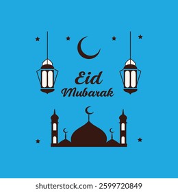 A festive vector illustration featuring Ramadan symbols like the crescent, mosque, and lanterns with the text "Eid Mubarak," perfect for greeting cards, banners, and decorations.