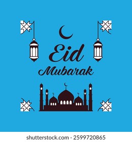 A festive vector illustration featuring Ramadan symbols like the crescent, mosque, and lanterns with the text "Eid Mubarak," perfect for greeting cards, banners, and decorations.