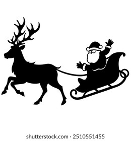 A festive vector illustration featuring Santa Claus flying in his sleigh, pulled by reindeer, depicted in a classic silhouette style. The design captures the magic of Christmas night with clean, sharp